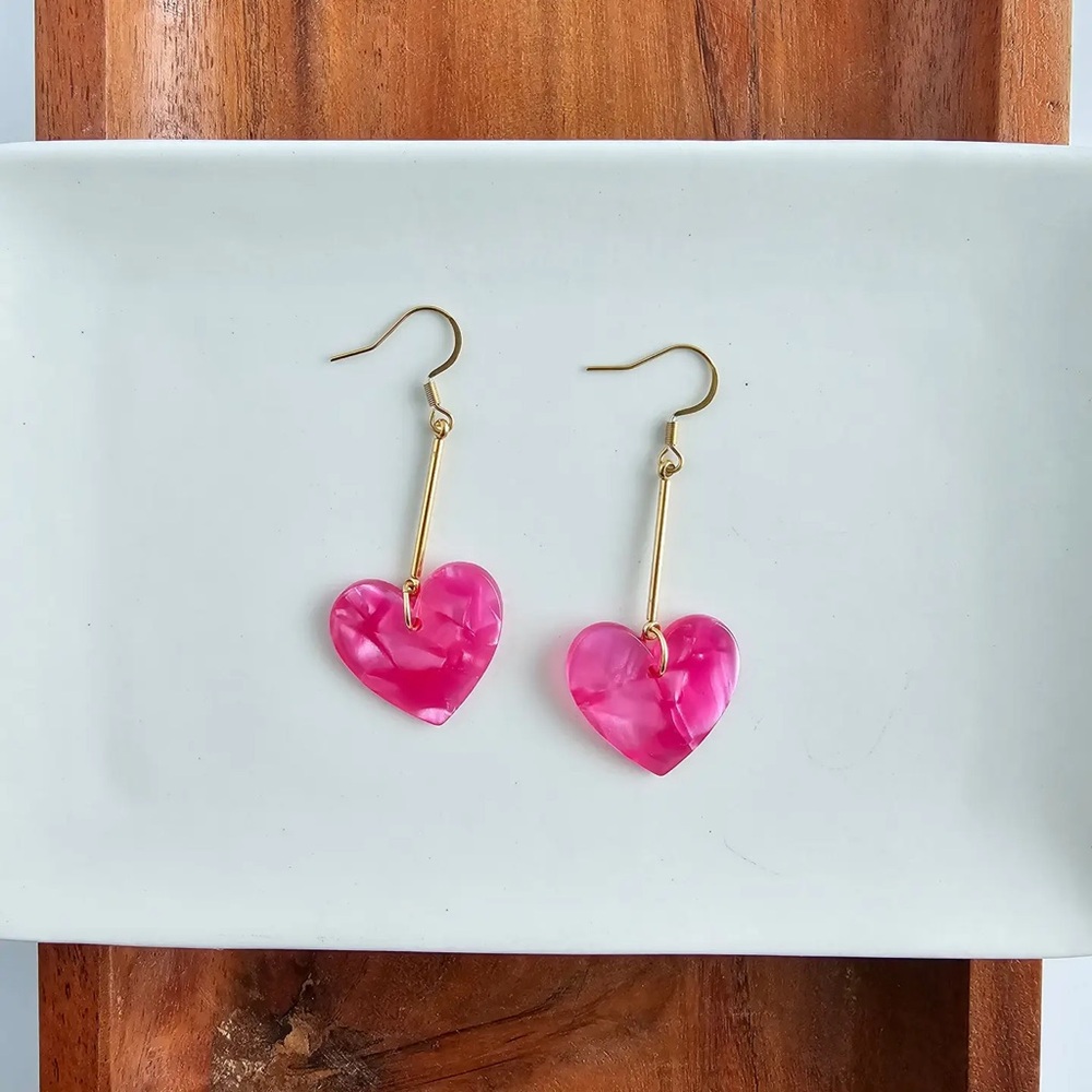 New Pink and Gold Heart Drop Earrings | Hypoallergenic | Lightweight